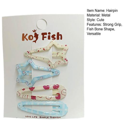 4Pcs Girl Hairpins Childlike Pattern Fish Bone Geometry Shape Strong Grip
