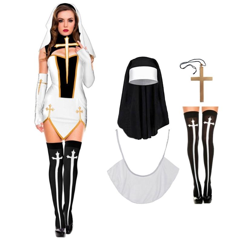 Nonnenkostüm mit Kreuzanhänger-Halskette Nonnenhut Halloween Cosplay Partykostüm