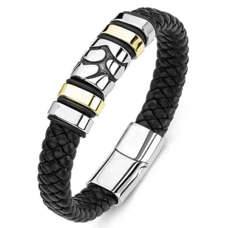 Hochwertiges handgeflochtenes Leder Edelstahl Magnetverschluss Armband Herren Charme Mode Lässiger Schmuck Geschenk
