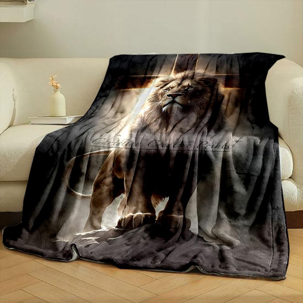Lion Cross Religious Blanket  Printed Blanket for Living Room Bed Couch lunch break Soft Cozy Blanket for Friend's festival Gift