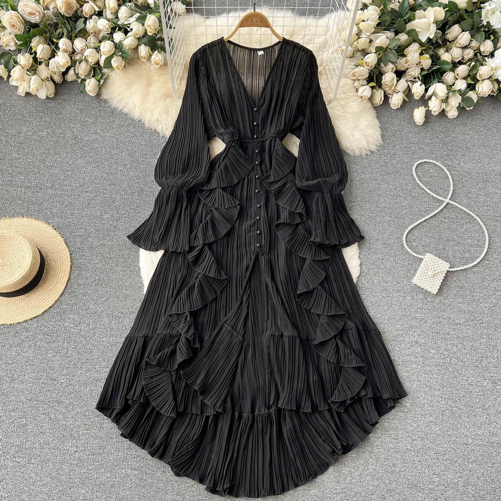 YYFS Women's Fashion Spring Fall Solid Color Print Long Sleeve V-Neck High Waist Casual Dresses