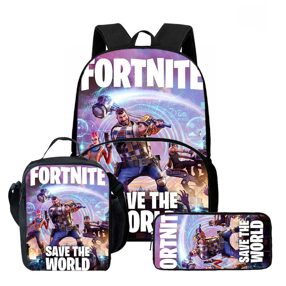 3Pcs Set School Backpack With Front Pocket & Lunch Bag & Pencil Bag,Fortnite Cartoon For Age 6-10,Lightweight For Boys & Girls