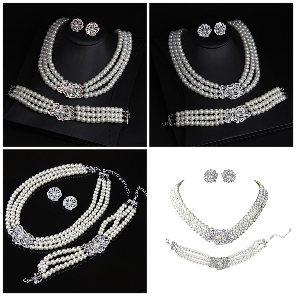 Victorian Style Necklace Earrings Bracelet Set Featuring Simulated Pearls and Cubic Zirconia for Elegant Occasions