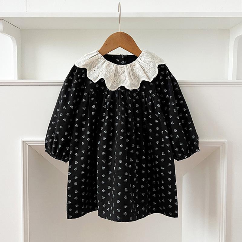 Girls' Dress Retro Style Floral Long Sleeved Dress Autumn New Item Children's Jacquard Lapel Pure Cotton Princess Dress