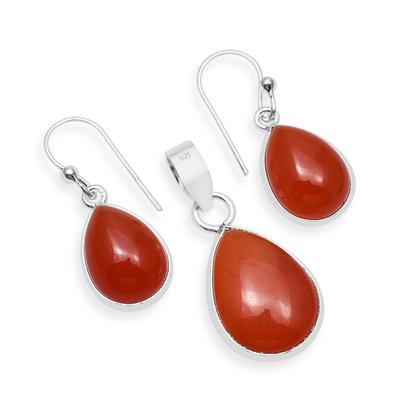 Natural Carnelian Gemstones 925 Sterling Silver Tear Drop Pendant Dangle Earrings Jewelry Sets For Women & Girls