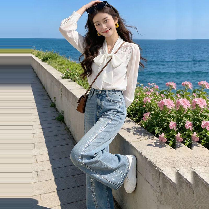 French Style Women White Bow Lace Blouse Long Sleeve Lace Trim Bow Tie Casual Elegant Shirt