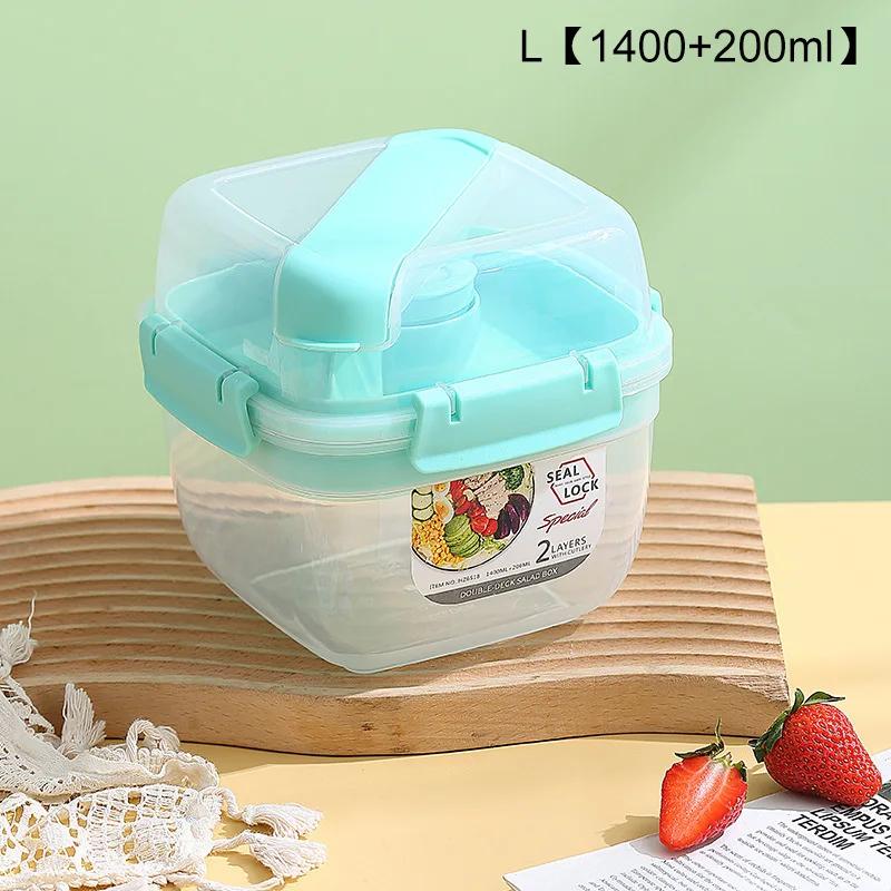 Portable 2 Layer Salad Bowls with Fork 1300ml/1600ml Lunch Box Sealed Leakproof Bento Boxes Reusable Picnic Box Food Container