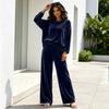 Women's Velvet Loungewear Set with Round Neck Pullover Top and Matching Pants - Casual Long Sleeve, Multi-Color Options