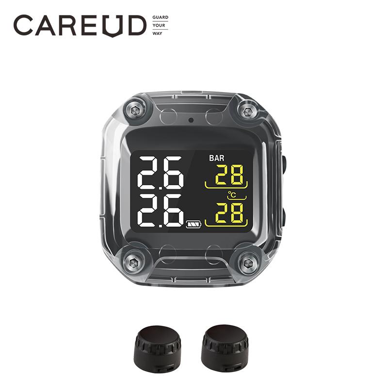 

CAREUD Wireless Motorcycle TPMS Tire Pressure Monitoring System Digital LCD with Two External/Internal Sensors Easy to tall WI-Black