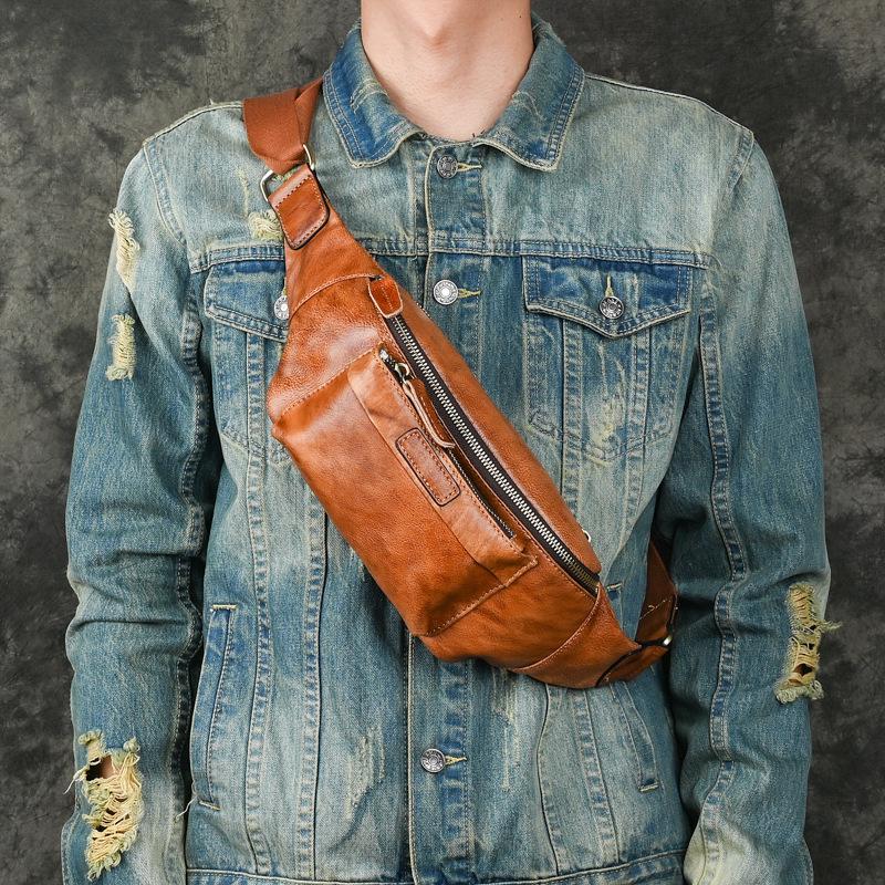 Vintage Chaozhou Hand-Colored Leather Fanny Pack: Retro Genuine Leather Chest Bag with Multi-Pocket Phone Holder
