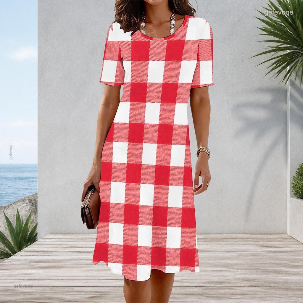 Women s Plus Size White Blue Polka Dot Printed Round Neck Short Sleeve A Line Dress