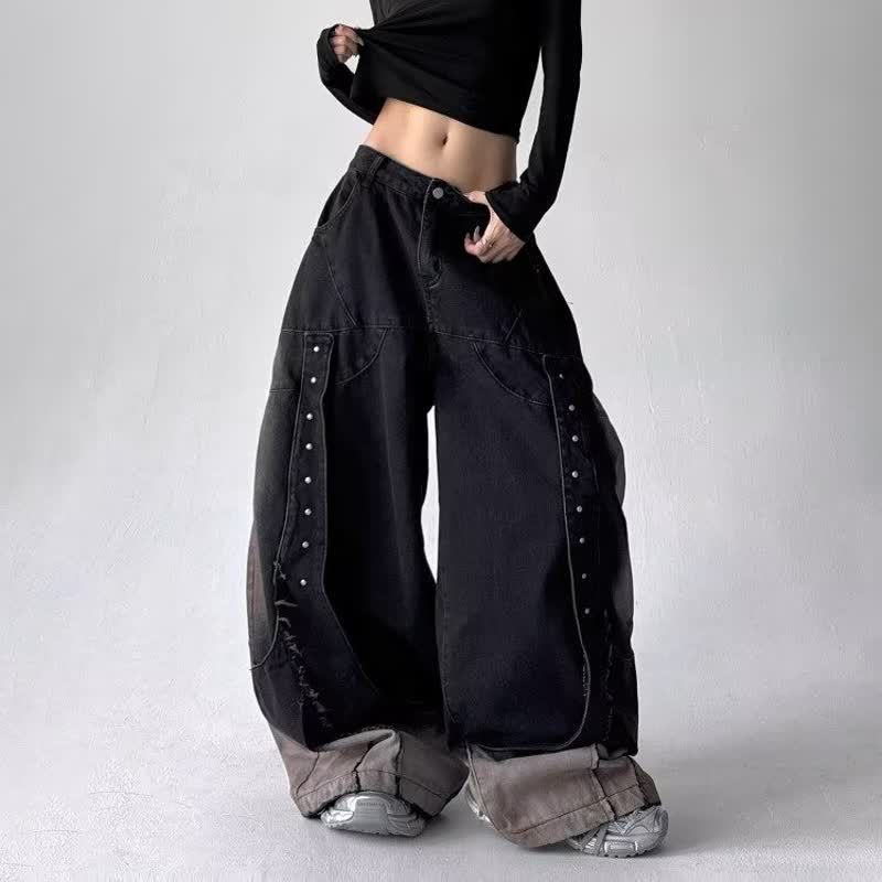 Amerikanischer Retro-Stil Patchwork Gewaschenes Schwarz Baggy Damen Gestapelte Jeanshosen Damenbekleidung Weites Bein Denim-Hosen 3XL schwarz