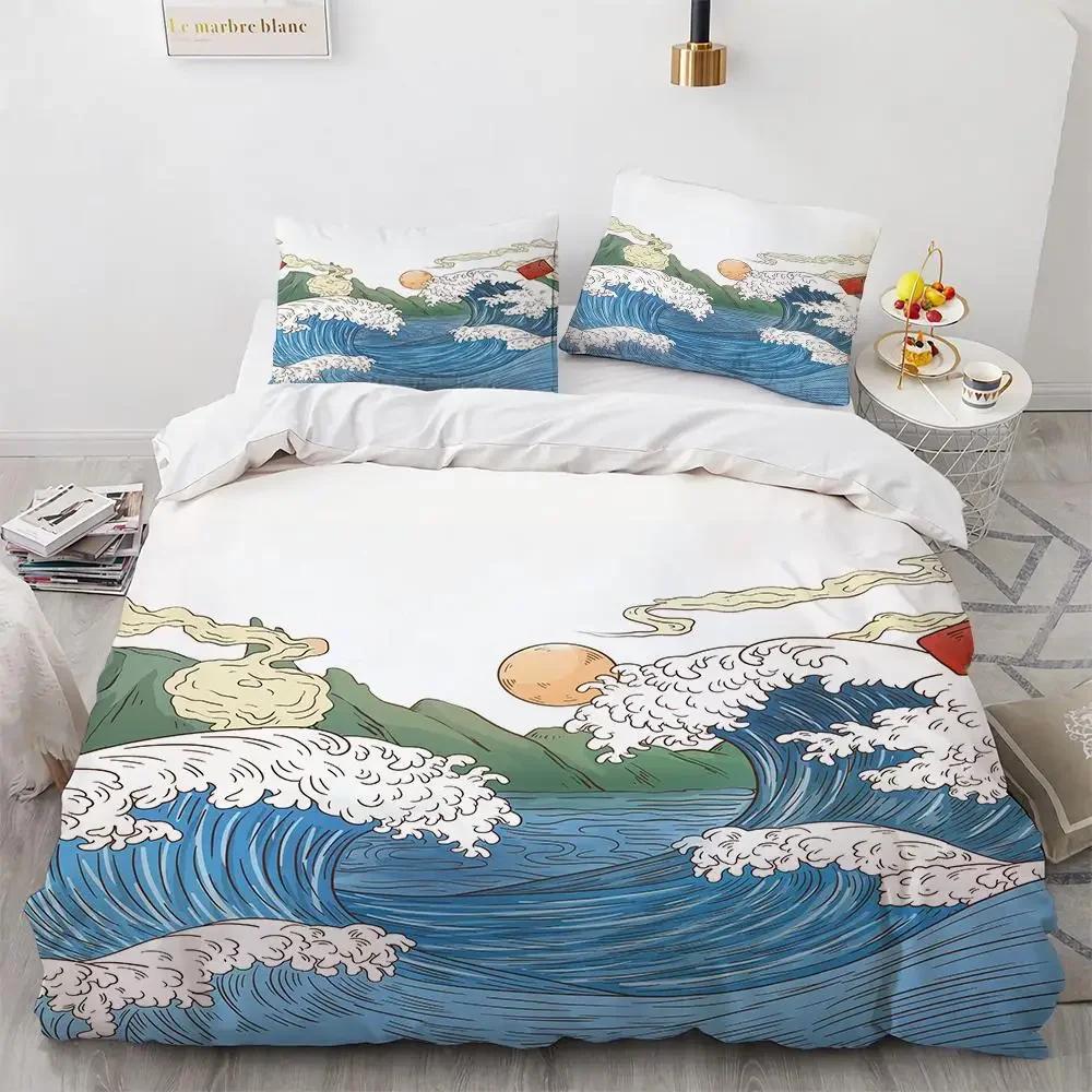 Sada povlaků na přikrývku Wave Vzor Hokusai Japonský povlak na přikrývku Ukiyoe Orientální styl náčrtu Ocean Queen Twin Polyesterová sada povlečení