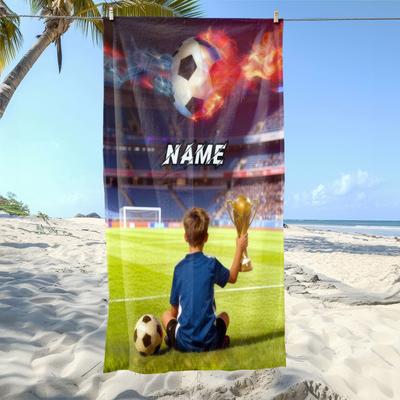 Benutzerdefinierter Fußball Strandtuch Personalisierter Name Fußball Trophäe 160x80cm Mikrofaser Badetücher Ganzjahres Weiche Saugfähige Decke