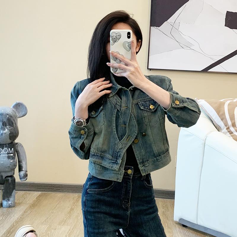 

Женская новая осенняя повседневная джинсовая облегающая укороченная куртка One Size синий