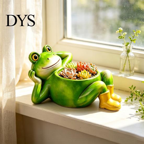 Weather Resistant Plant Container Cute Lying Frog Planter, Decorative Resin Pot, Funny Pastoral Style Garden Ornament for Succulents Indoor