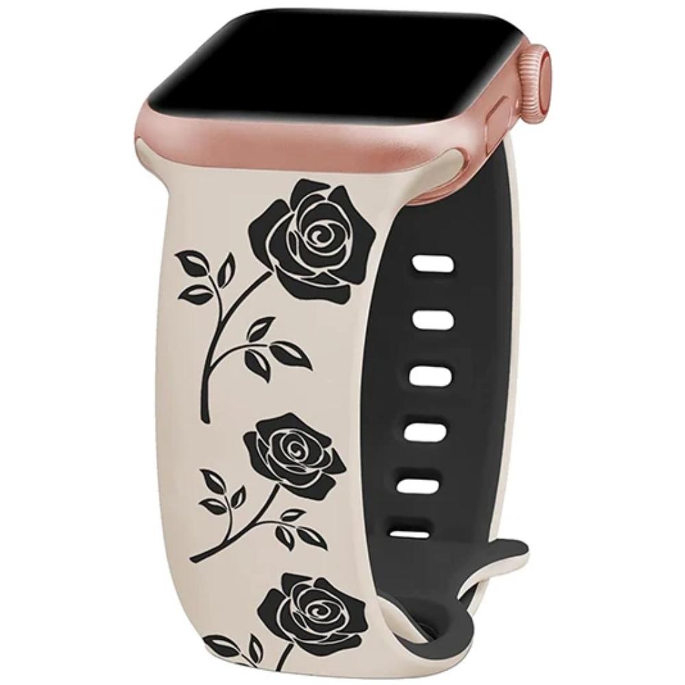 Two-Tone Flower Engraved Watch Band 46mm Compatible with Apple Watch Series 10 42mm 38/40/41/44/45/49mm for Women Rose Flower Soft Straps