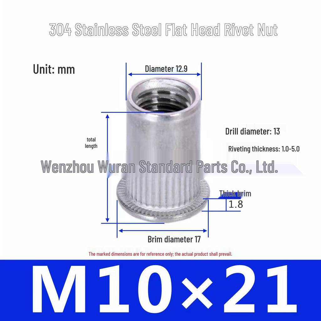 304 Stainless Steel Knurled Flat Head Rivet Nut with Vertical Ribs