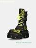 Retro Dark Style Punk Motorcycle Boots Flame Thick-Soled Boots Men/women Rock Boots Lace Up Belt Buckle Mid-Calf Boots