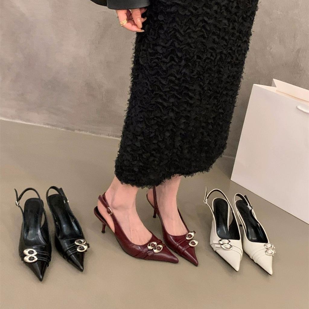 Black high heels temperament socialite bag head sandals fairy shoes 2025 new spring and summer French pointed single shoes