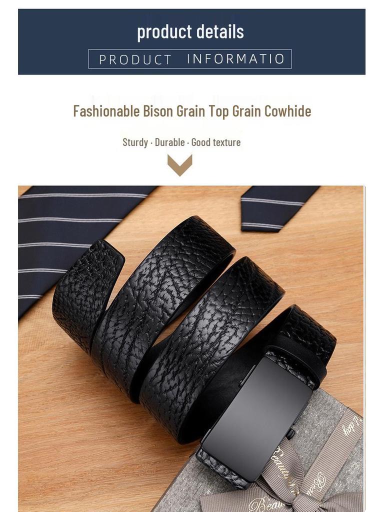 Herren-Gürtel aus echtem Leder mit Automatikschließe - Erste Schicht Rindsleder, Büffelprägung, Für junge und mittelalte Männer, Trendiges Design.