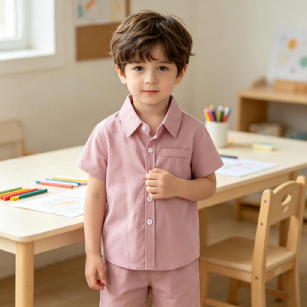Boys' Cotton Short Sleeve Shirt Color Collared Casual Top for Everyday Outfits