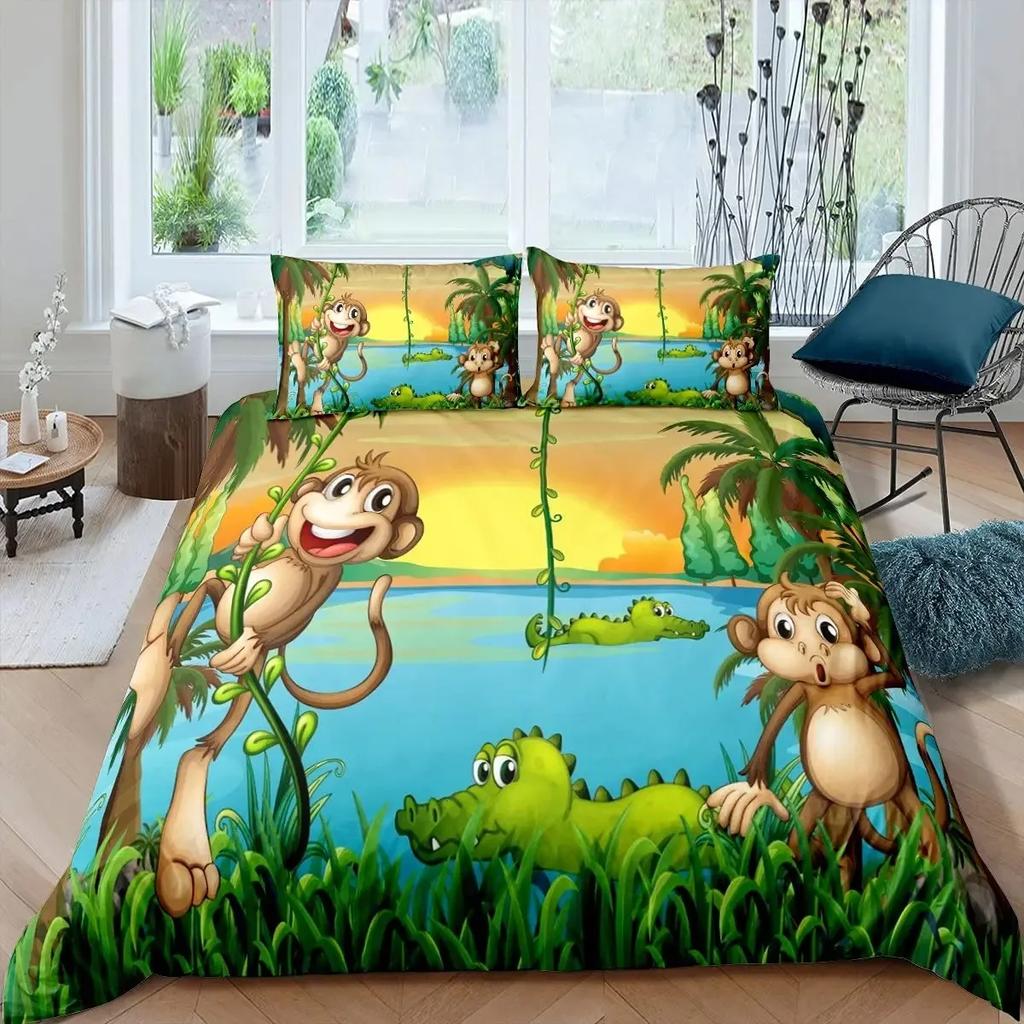 Cartoon Safari Animal Duvet Cover Set Giraffe Lemur Rhino Lion Bedding Set Elephant Camel Snake Hippo Zoo Jungle Comforter Cover