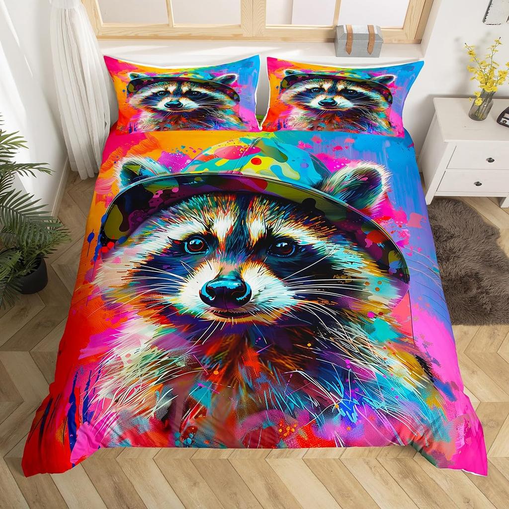 Waschbär Bettwäsche-Set für Jungen Kinder Mädchen Niedlicher Cartoon Wildtiere Bettbezug Liebevolle Tiere Bettdeckenbezug Polyester Steppdeckenbezug