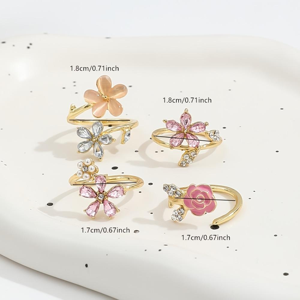 4 pcs Simple Rhinestone Flower Rings Light Luxury Finger Jewelry Fashion Opening Finger Ring  Girls