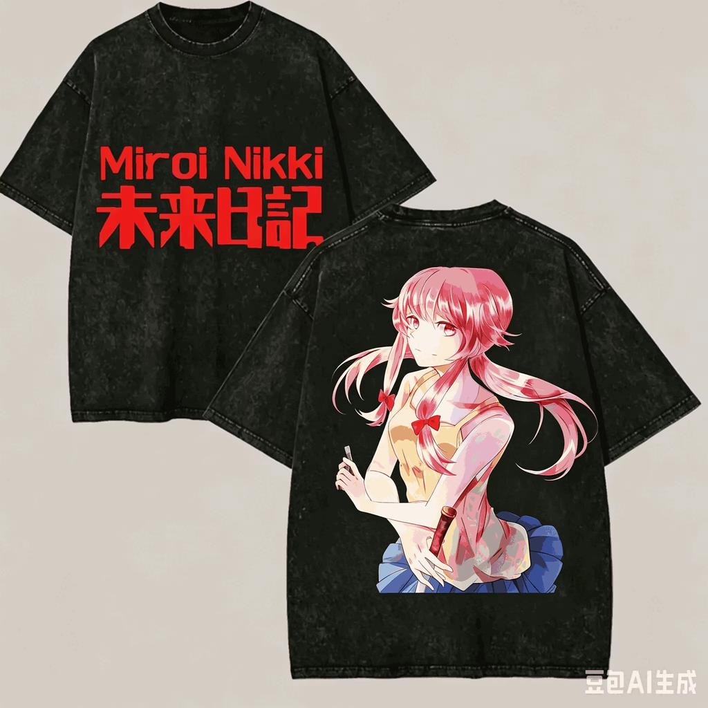 T-shirt Lavé Mirai Nikki Amoureux d'Anime Harajuku Surdimensionné Vintage Lâche Streetwear Unisexe Graphique Coton Esthétique Y2K Décontracté Été Hauts Estampés Anime