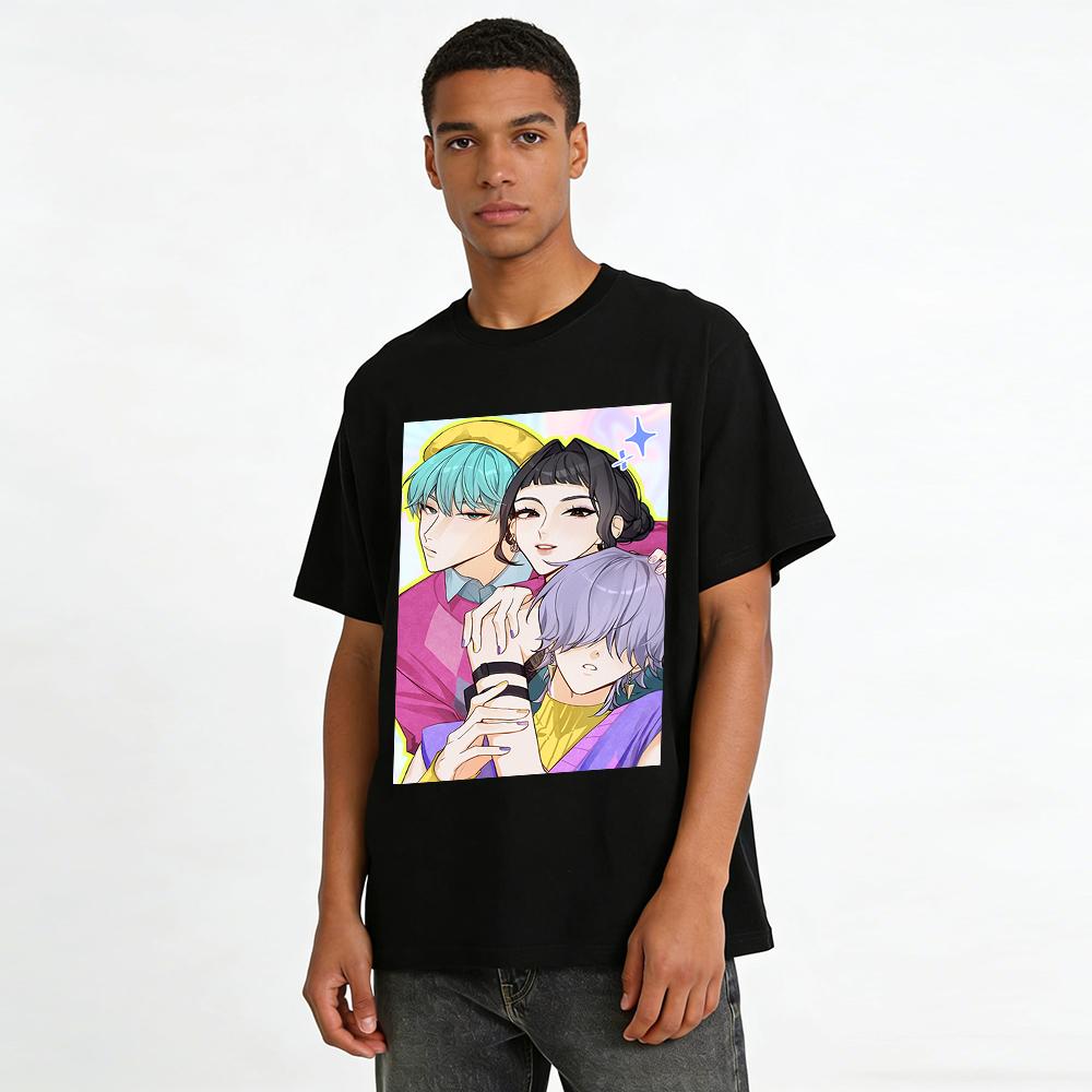 Anime Style Three Characters Print Casual Top Unisex Loose Crew Neck T-Shirt Trendy Streetwear Pure Cotton T-shirt