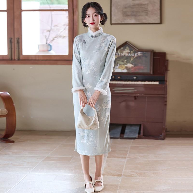 Womens Warm Knit Jacquard Qipao Dress Long Sleeve Stand Collar Retro Chinese Style Winter Small