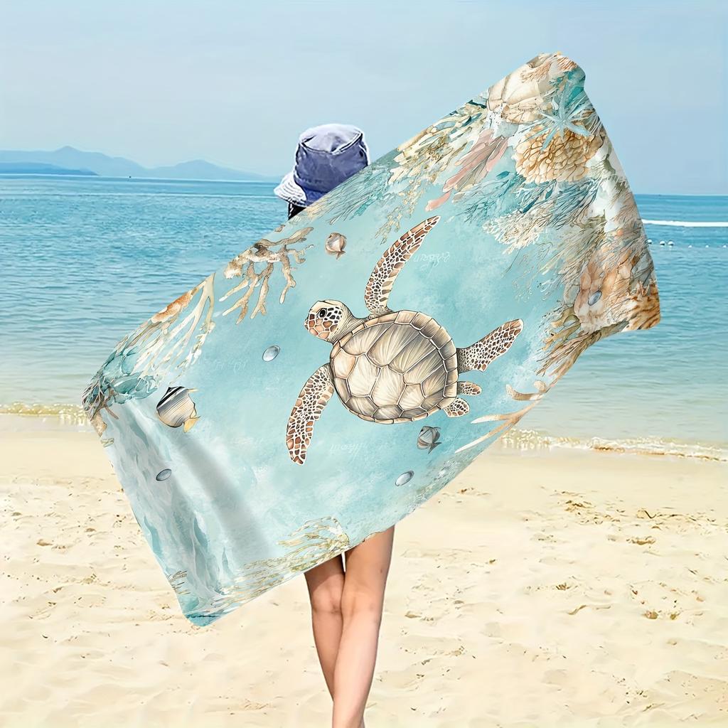 Sea Turtle Beach Towel, Watercolor Ocean Print, Quick Dry Microfiber, Oversized for Beach Pool, Gift for Marine Life Lovers