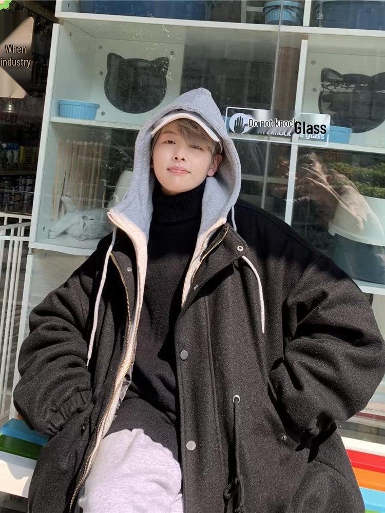 Men's Hong Kong Style Hooded Woolen Overcoat - Thickened Mid-Length Two-Piece Trendy Winter Jacket