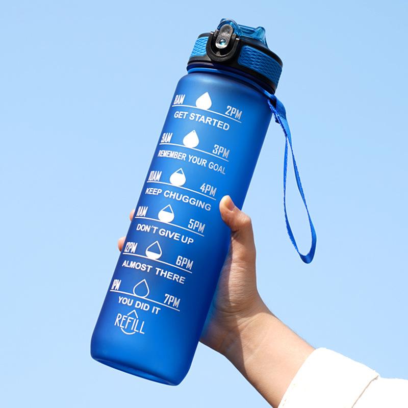 Taza esmerilada de plástico de 1000ml, botella de agua con pajita a prueba de fugas, taza portátil a de tiempo  para Fitness y