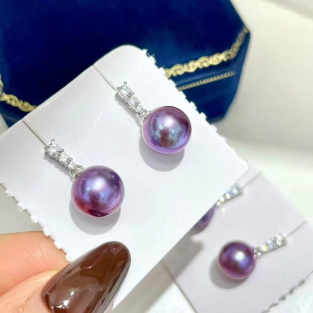 Freshwater Edison purple bead earrings, female classic princess stud earrings, 9-10mm deep purple round strong light earrings