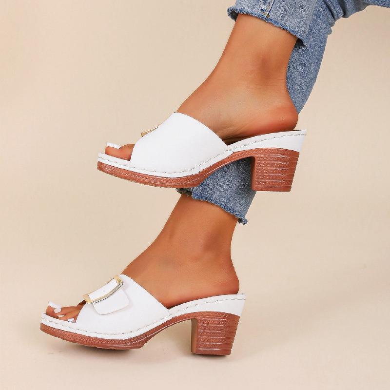 

Summer new large size one-word fashion wear metal buckle sandals women s high-heeled slippers 43