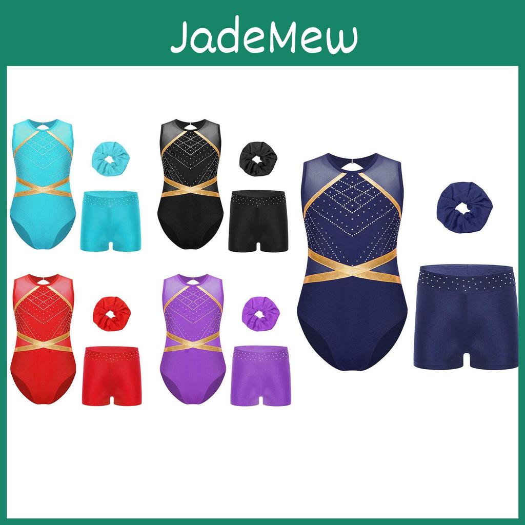 Gymnastický outfit s klíčovou dírkou pro dívky, zadní patchwork, bez rukávů, trikot, kamínkový pásek, šortky, sada čelenky