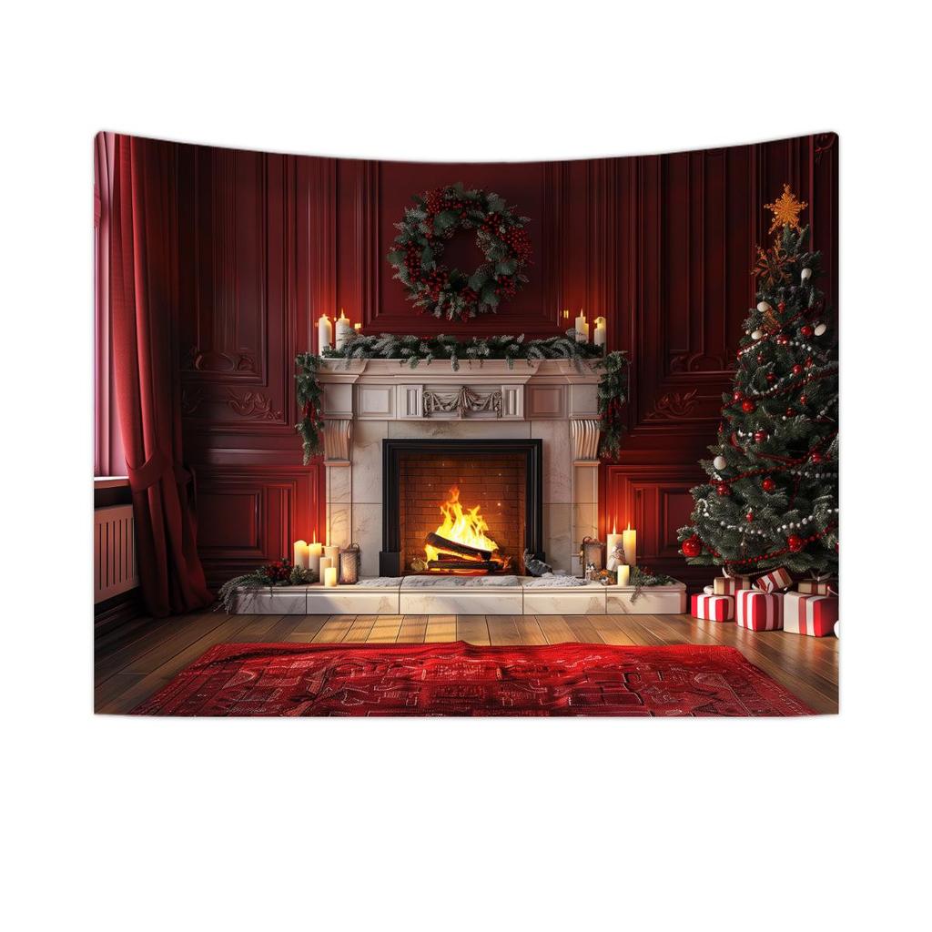Vintage Christmas Fireplace Tapestry: Holiday Tree Photo Background Hanging Cloth