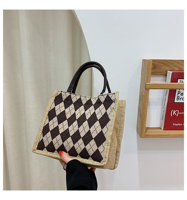 

Новая модная и стильная универсальная ручная льняная сумка для женщин, повседневный и простой рюкзак с ромбами, сумка для бэнто для офисного работника