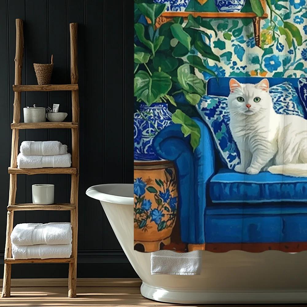 

1Pc White Cat On Blue Velvet Sofa Shower Curtain - Tranquil Blue Green Floral Wallpaper Chinese Art Design, Polyester Bathroom D W60H190(CM)-1 Pcs