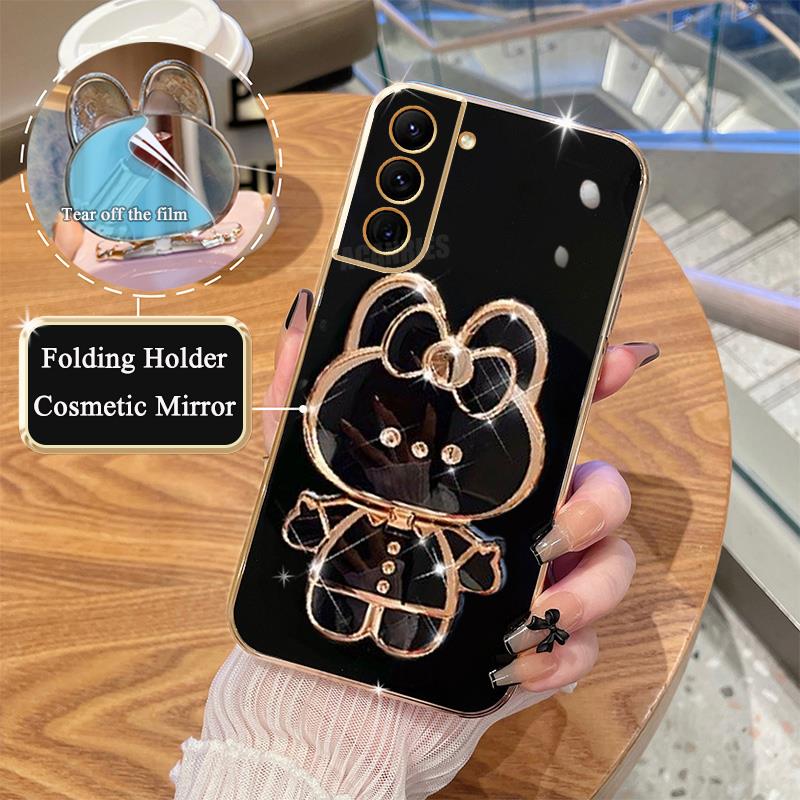 S 21 22 23 24 Luxury Plating Mirror Holder Case For Samsung Galaxy S21 S20 S23 Fe S22 Plus Ultra Silicone Stand Cover S21fe