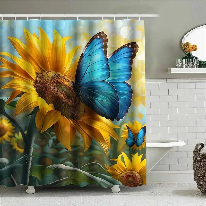 Blue Butterfly On Sunflower Waterproof Shower Curtain Heat Resistant Machine Washable Non-Transparent 180X180Cm