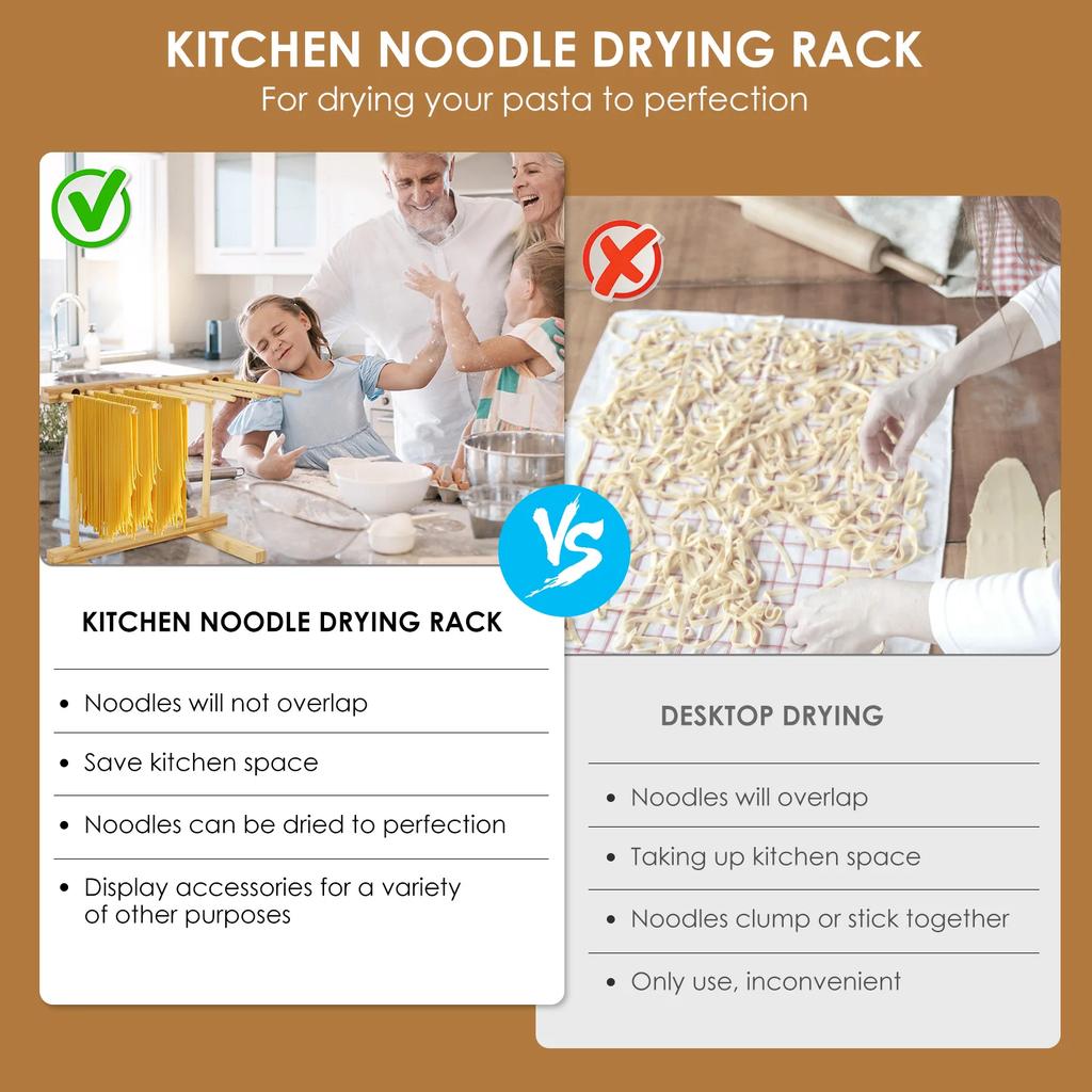Pasta Drying Rack with 8 Bars Wooden Noodle Drying Rack Detachable Pasta Dryer Stand Portable Noodle Hanging Rack Household