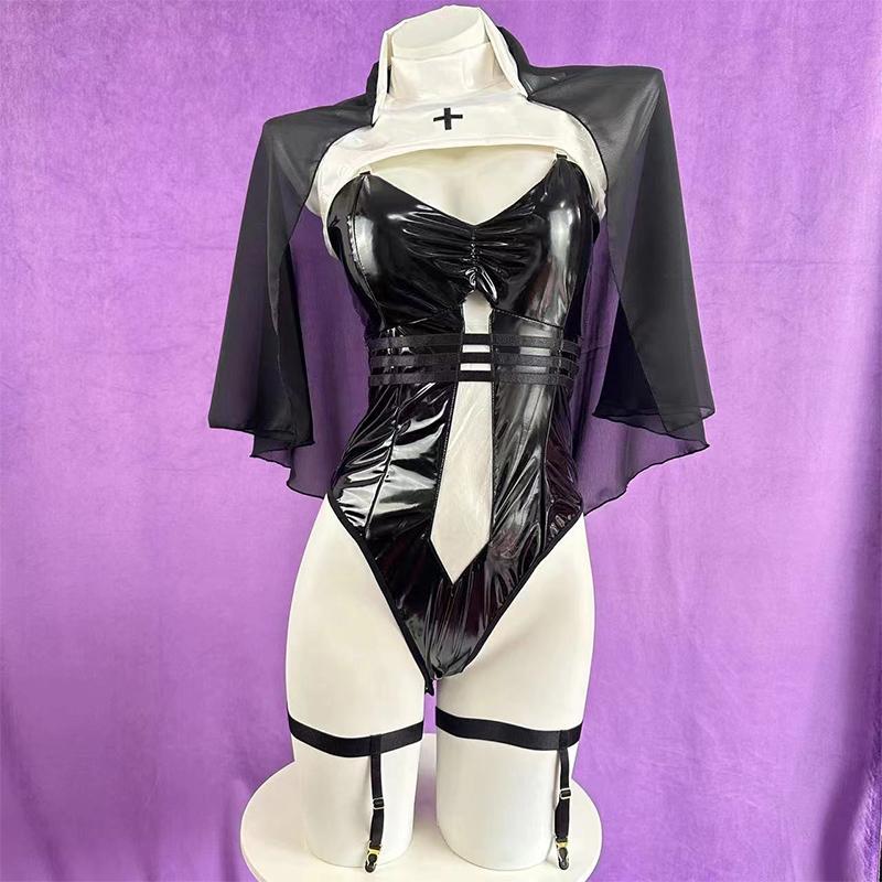 Erotic Sexy Anime Nun Uniform Cosplay Women PU Leather Transparent Hollow Bodysuit Gothic Sister Maid Costume Halloween Jumpsuit