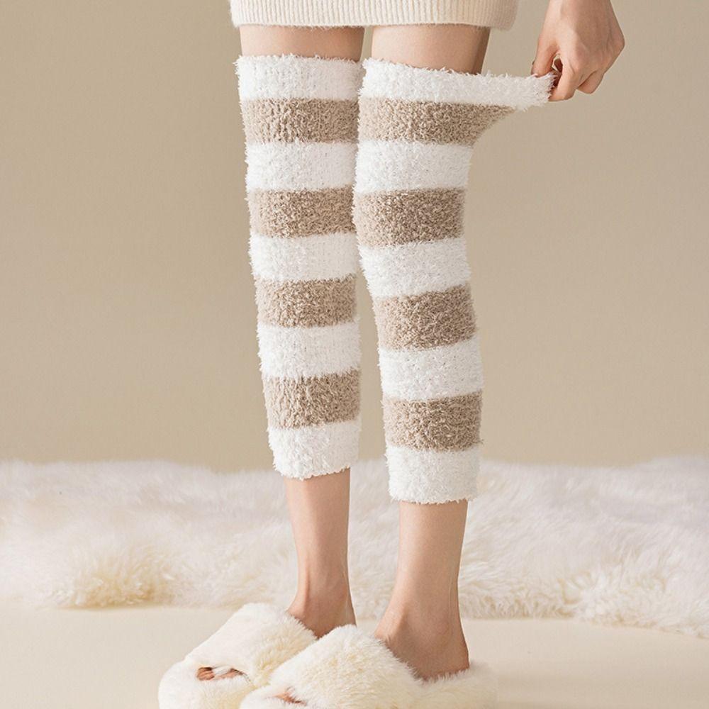 Thicken Warm Coral Fleece Stockings Stripe Floor Plush Stockings Cute Foot Warmer Winter