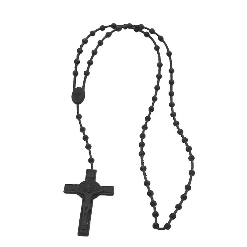 Fashion Rosary Beads Cross Pendant Necklace Women Link Chain Plastic Material Necklace Girl Religious Jewelry Party Gift