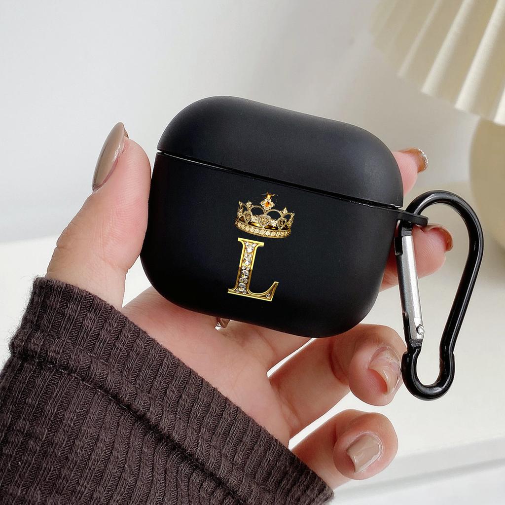 Diamond Crown Letter 26 With Hook Case For AirPods 2 3 1 Cases For Apple AirPods Pro 2 Coque Black TPU Soft Earphone Cover