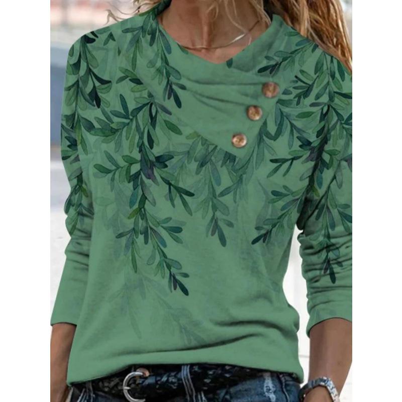 In-Stock 2025 Autumn/Winter Women’s Casual Printed Long Sleeve Button-Up T-Shirt S зелёный