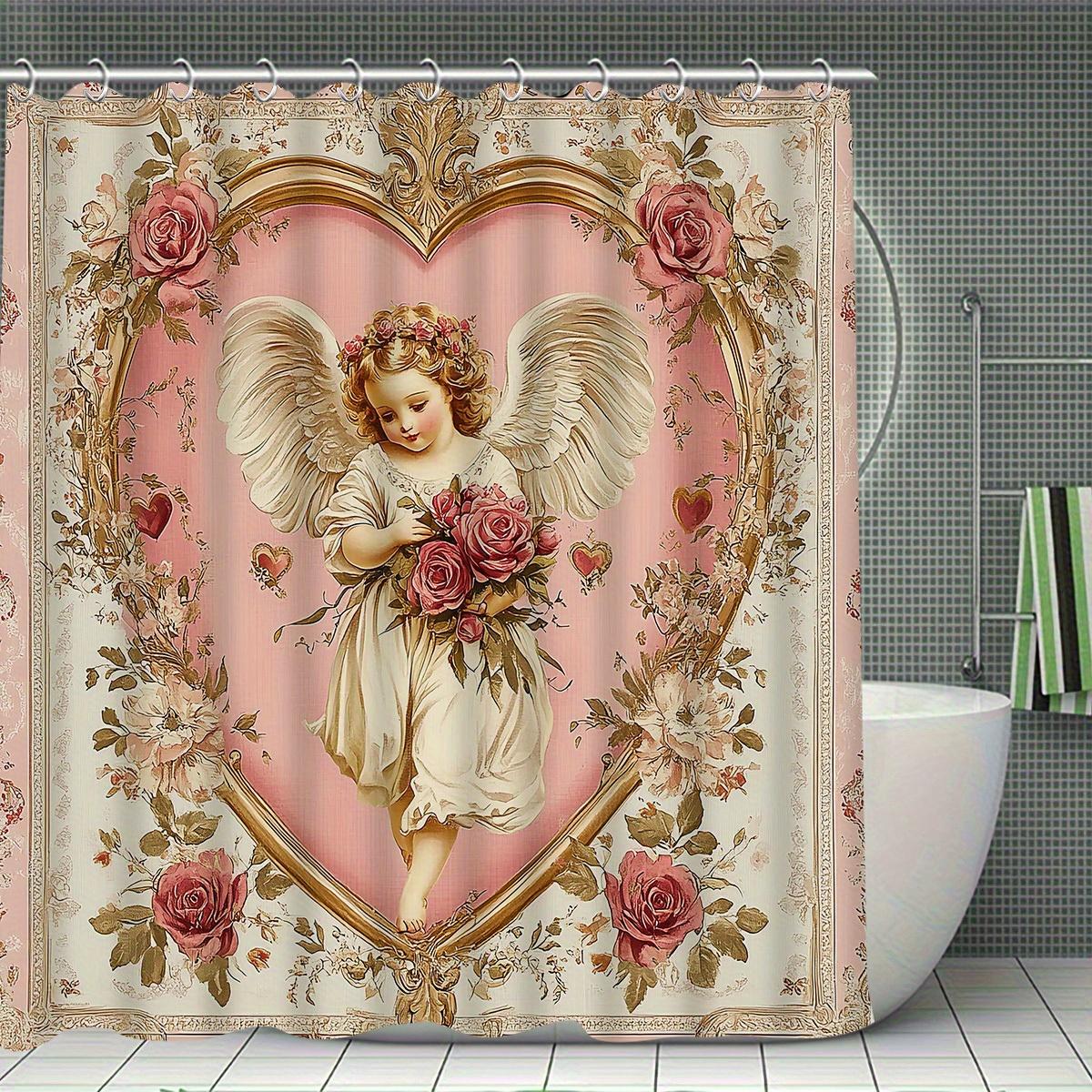

1Pc Shower Curtain - Vintage Angel With Roses In Heart Frame Design Waterproof W60H190(CM)-1 Pcs